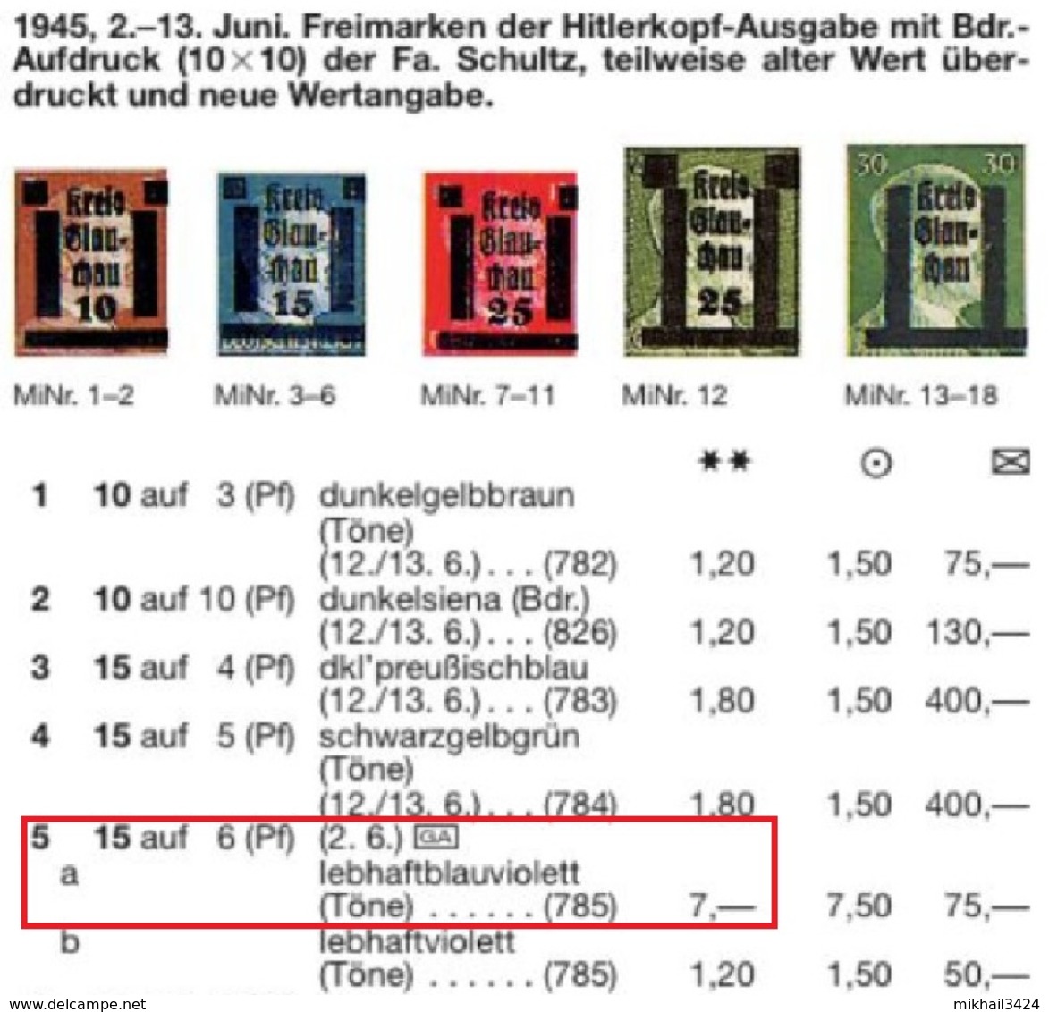 M1111 ✅ Defins Hitler Glauchau Soviet Occupation Local 1945 Germany Mi.5a MNH ** 7ME - Otros & Sin Clasificación