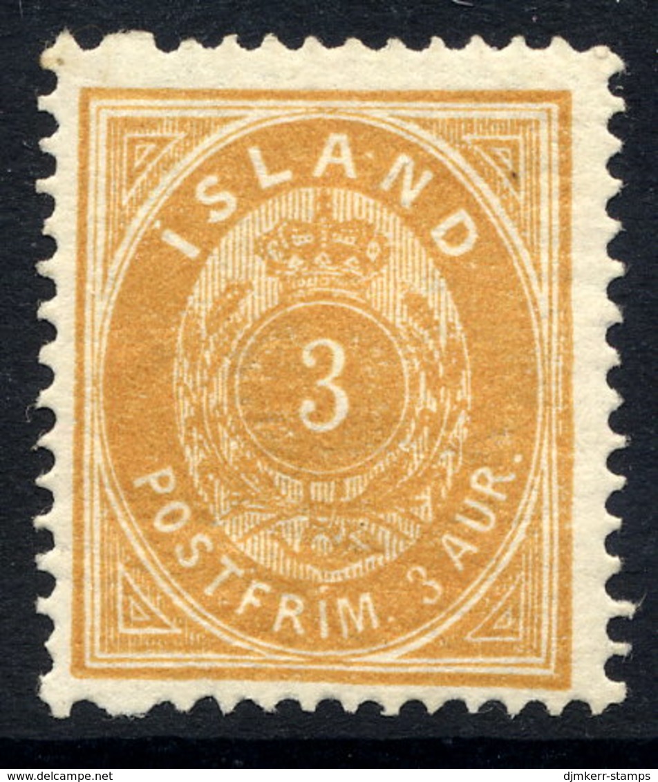 ICELAND 1891 3 Aurar Yellowish-buff Perforated 14 X 13½,  Michel 12A, SG 20c - Nuevos