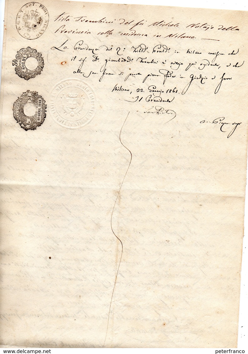 CG - Atto D'acquisto Su Carta Bollata Di Beni In Comune Di Cerano Stipulato A Milano Il 22/1/1861 - Manuscripten