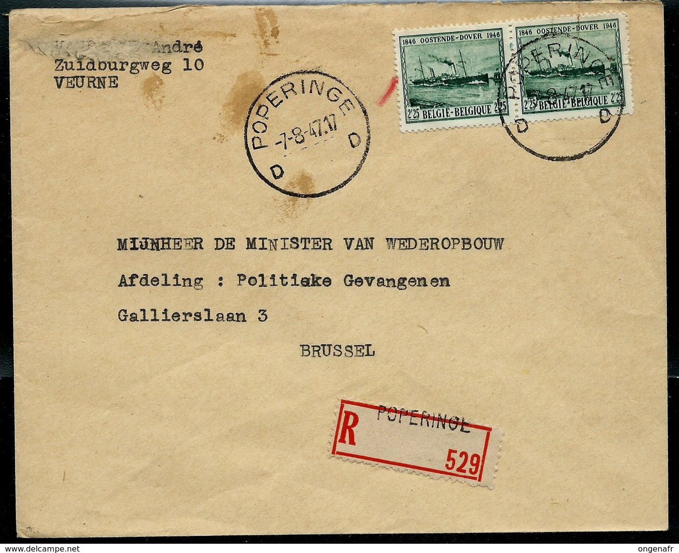 Doc. De POPERINGE - D D - Du 07/08/47 En Rec.  Poperinge (avec Paire  Du N° 726 - Oostende-Dovere) - Poste Rurale