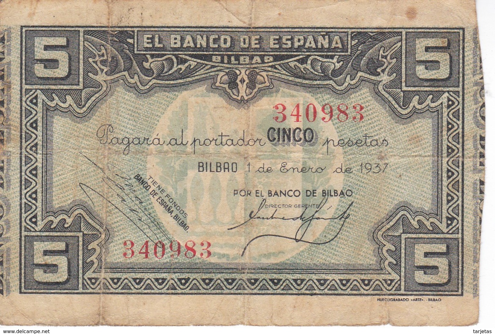 BILLETE DE ESPAÑA 5 PTAS DEL BANCO DE BILBAO 1937 - FIRMA BANCO BILBAO (BANKNOTE) - 5 Pesetas