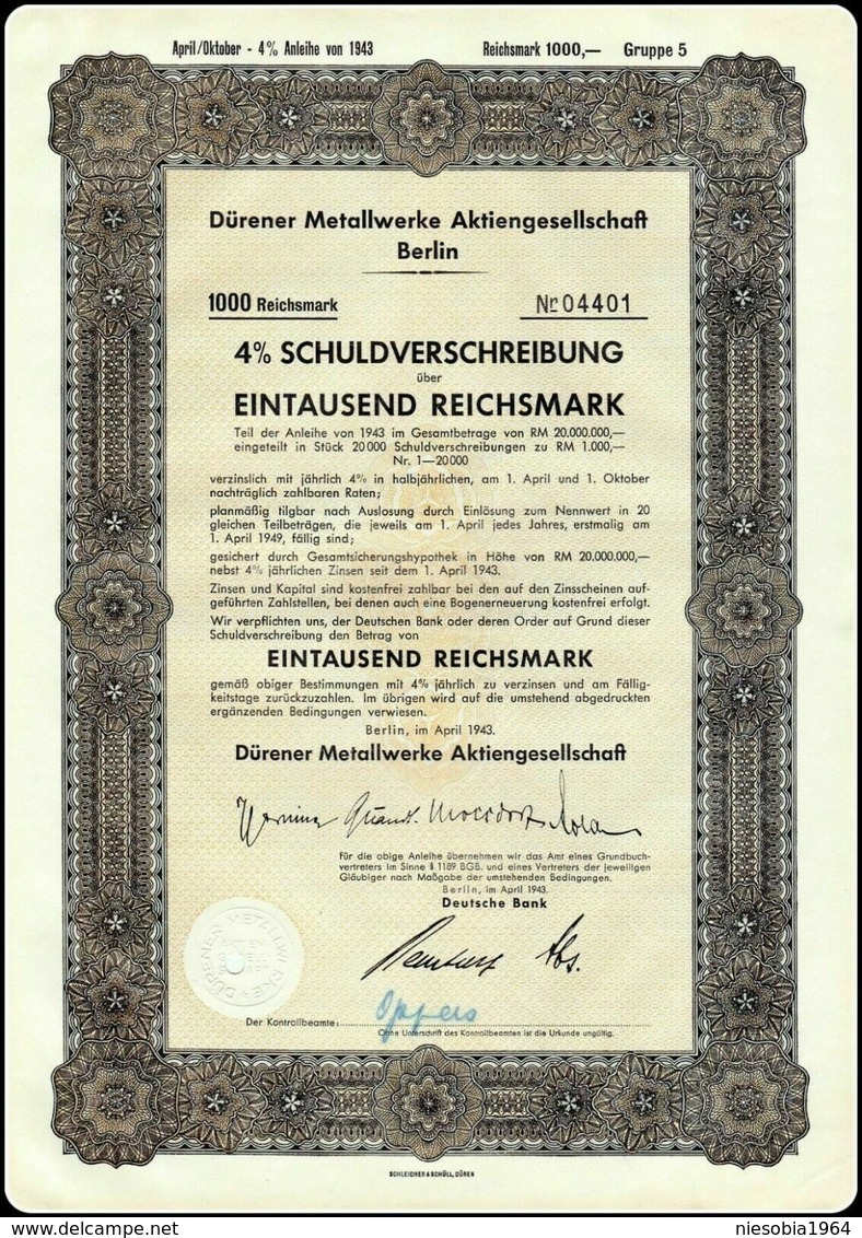 WW2 - III Reich 4% Schuldverschreibung Dürener Metallwerke AG 1943  III Reich 4% Stock Bond Duraluminium Factory - Industrie