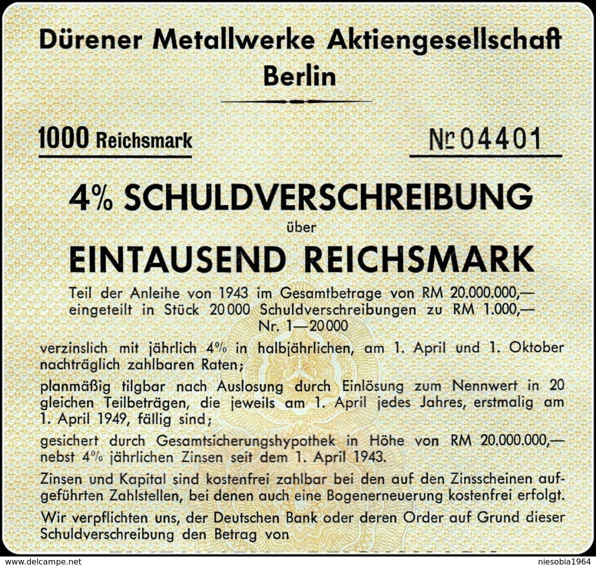 WW2 - III Reich 4% Schuldverschreibung Dürener Metallwerke AG 1943  III Reich 4% Stock Bond Duraluminium Factory - Industrie