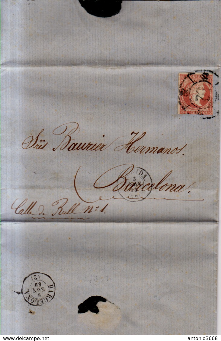 Año 1856 Edifil 48 4c Sello Isabel II Carta Matasellos Rueda De Carreta 32 Lerida - Covers & Documents