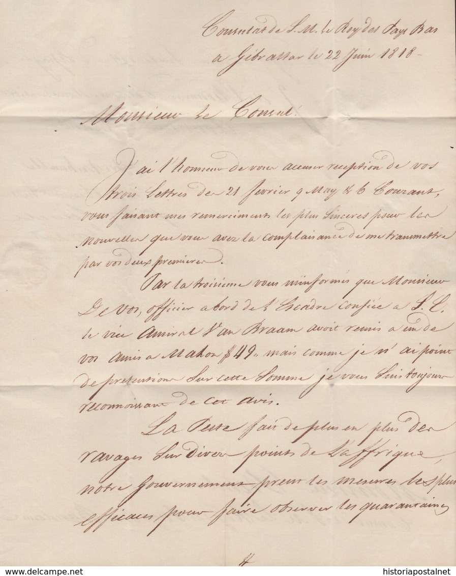 1818. CONSULAR MAIL. GIBRALTAR A BARCELONA. MARCA S.ROQUE/ANDALUCIA/BAXA. PORTEO B.12 CUARTOS. INTERESANTE Y RARO. - Gibilterra