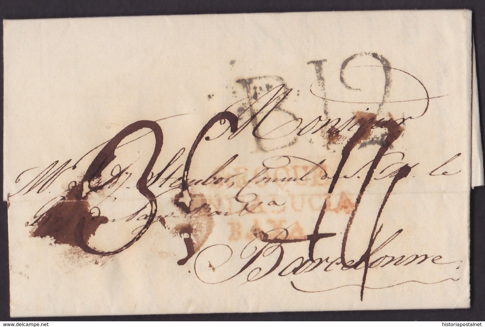 1817. CONSULAR MAIL. GIBRALTAR A BARCELONA. MARCA S.ROQUE/ANDALUCIA/BAXA. PORTEO B.12 CUARTOS. MUY RARO E INUSUAL. - Gibraltar