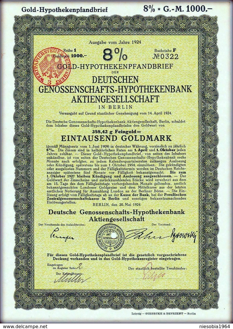 8% Hypothekenpfandbrief 1000 Gold Mark - Berlin 1924 - Weimar Republic Nr 0322 - Vintage Germany stock bond