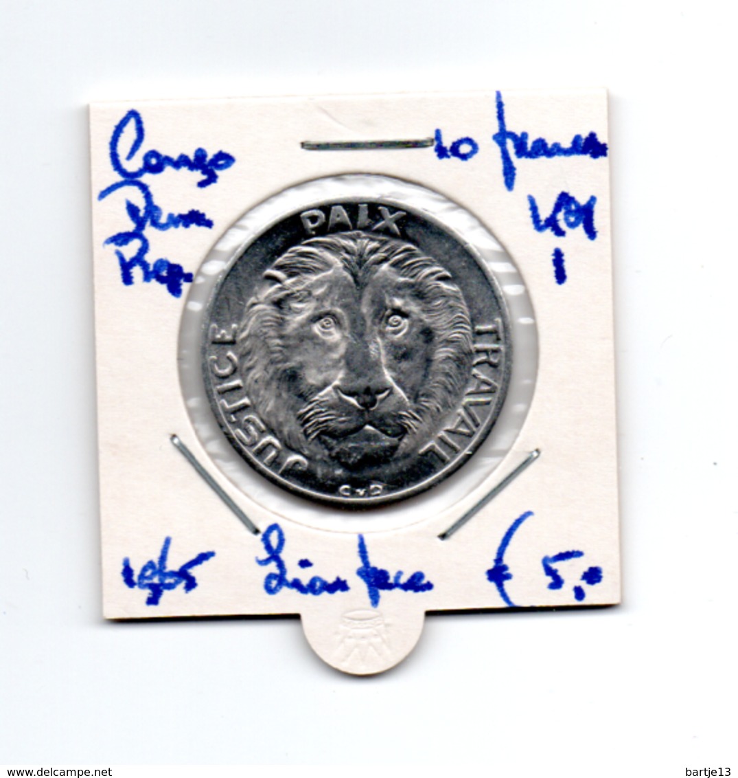 CONGO DEMOCRATISCHE REP. 10 FRANCS 1965 LIONS FACE - Congo (Democratic Republic 1964-70)