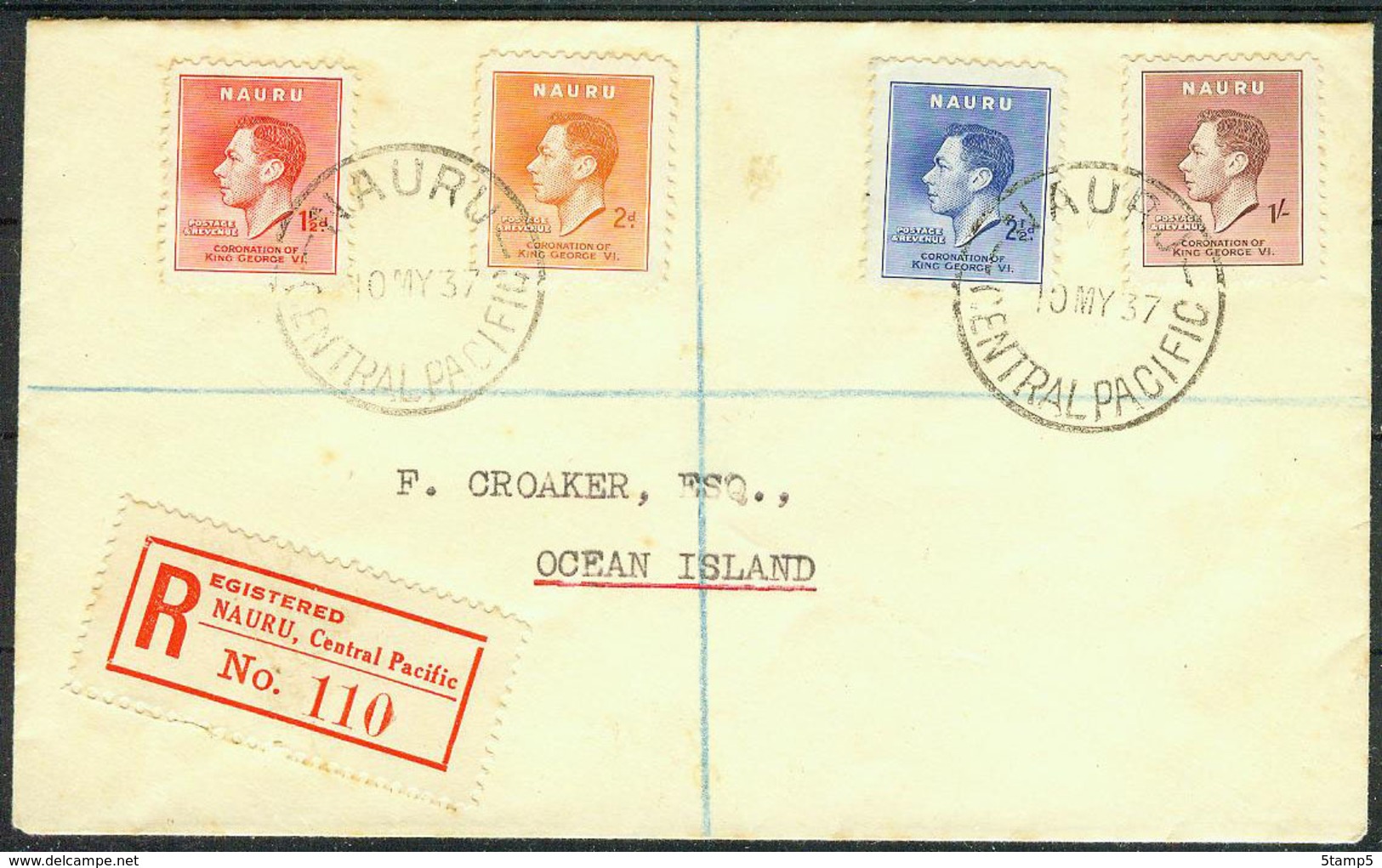 Nauru 1937, Registered FDC Cover To Ocean Island - Nauru