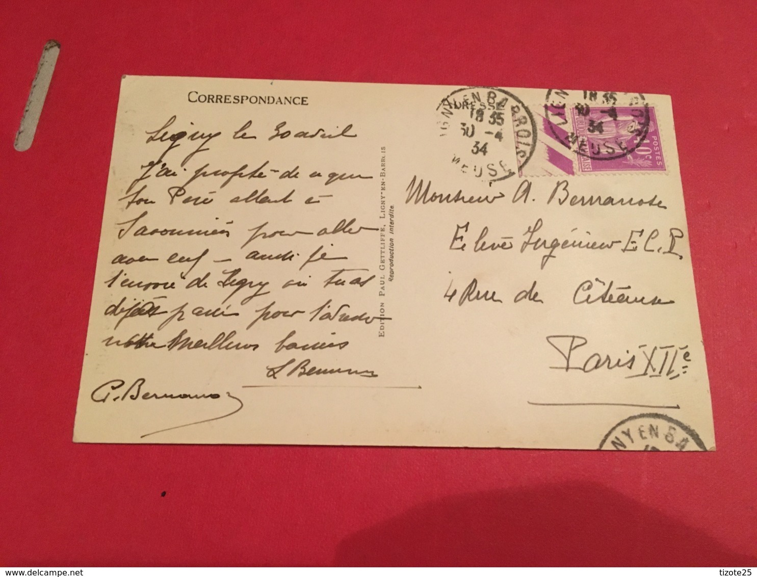 Timbre Avec Bandelette à Identifier Sur Un 40 Cts Lilas Type Paix Sur Cpa TAD De 1934 - Used Stamps