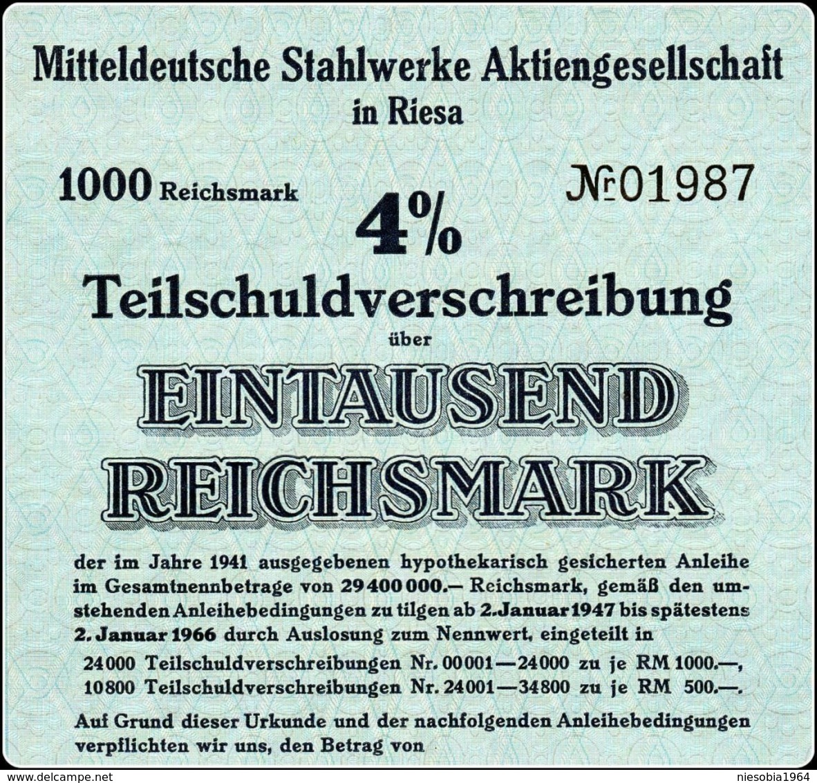 WW2 Socialist Germany 4% Mitteldeutsche Stahlwerke AG Riesa 1000 RM - XII 1941 - Industrie