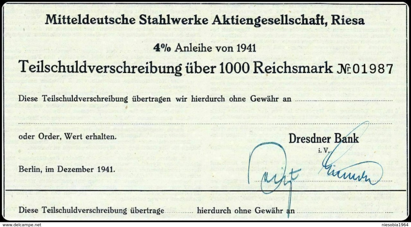 WW2 Socialist Germany 4% Mitteldeutsche Stahlwerke AG Riesa 1000 RM - XII 1941