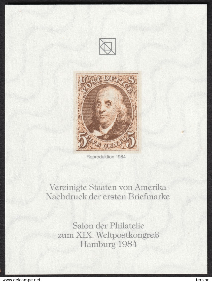 USA America First Stamp 1847 Reproduction UPU Congress Salon 1984 GERMANY Hamburg Philatelist Commemorative Sheet Block - Other & Unclassified