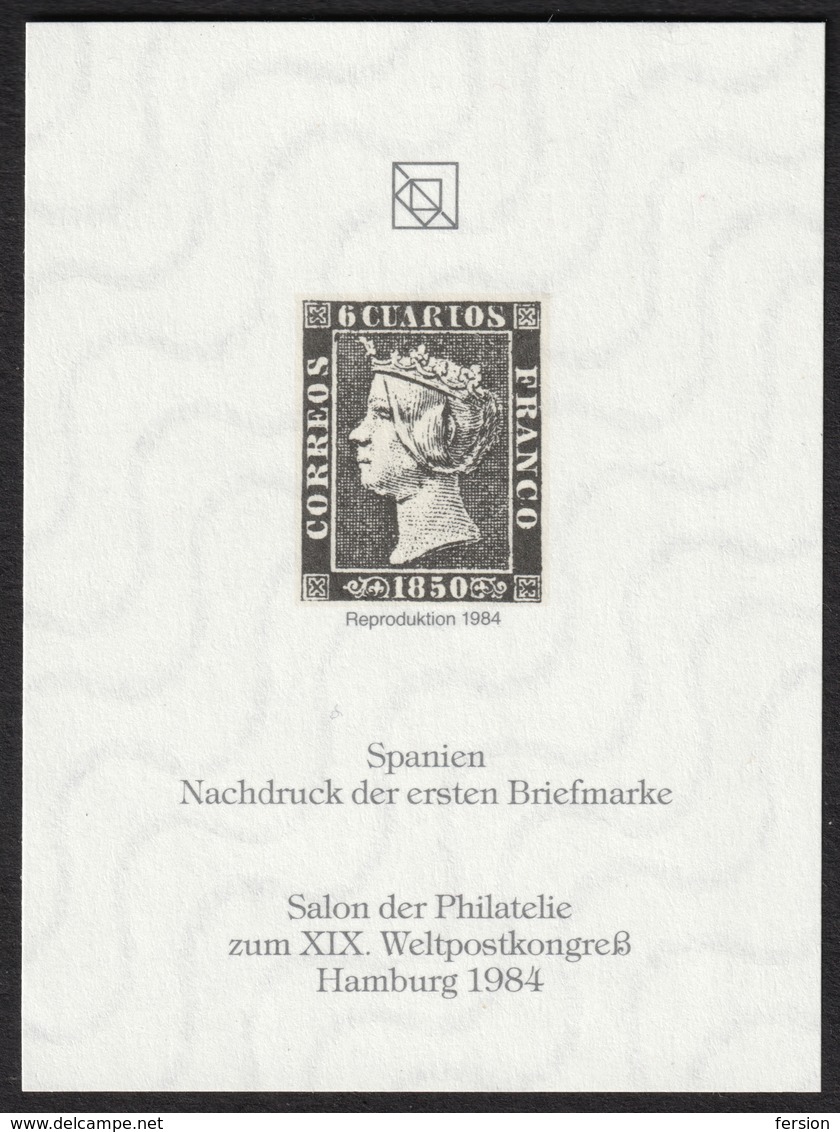 SPAIN First Stamp 1850 Queen Reproduction UPU Congress Salon 1984 GERMANY Hamburg Philatelist Commemorative Sheet Block - Otros & Sin Clasificación