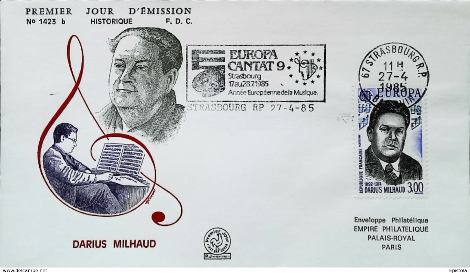 EUROPA - FDC - 1985 - DARIUS MILHAUD (Oblitération & Flamme Cantat 67 STRASBOURG)  Enveloppe Premier Jour - Musik