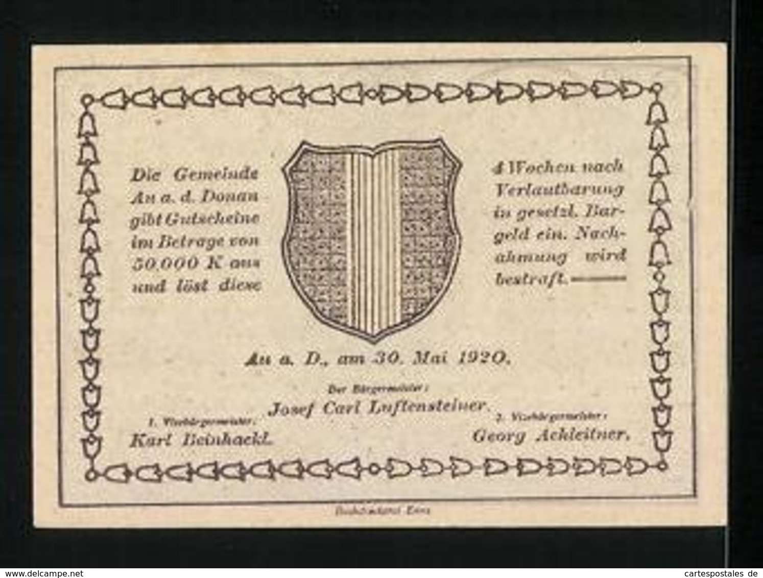 Notgeld Au A. D. D. 1920, 20 Heller, Ortspartie - Oesterreich