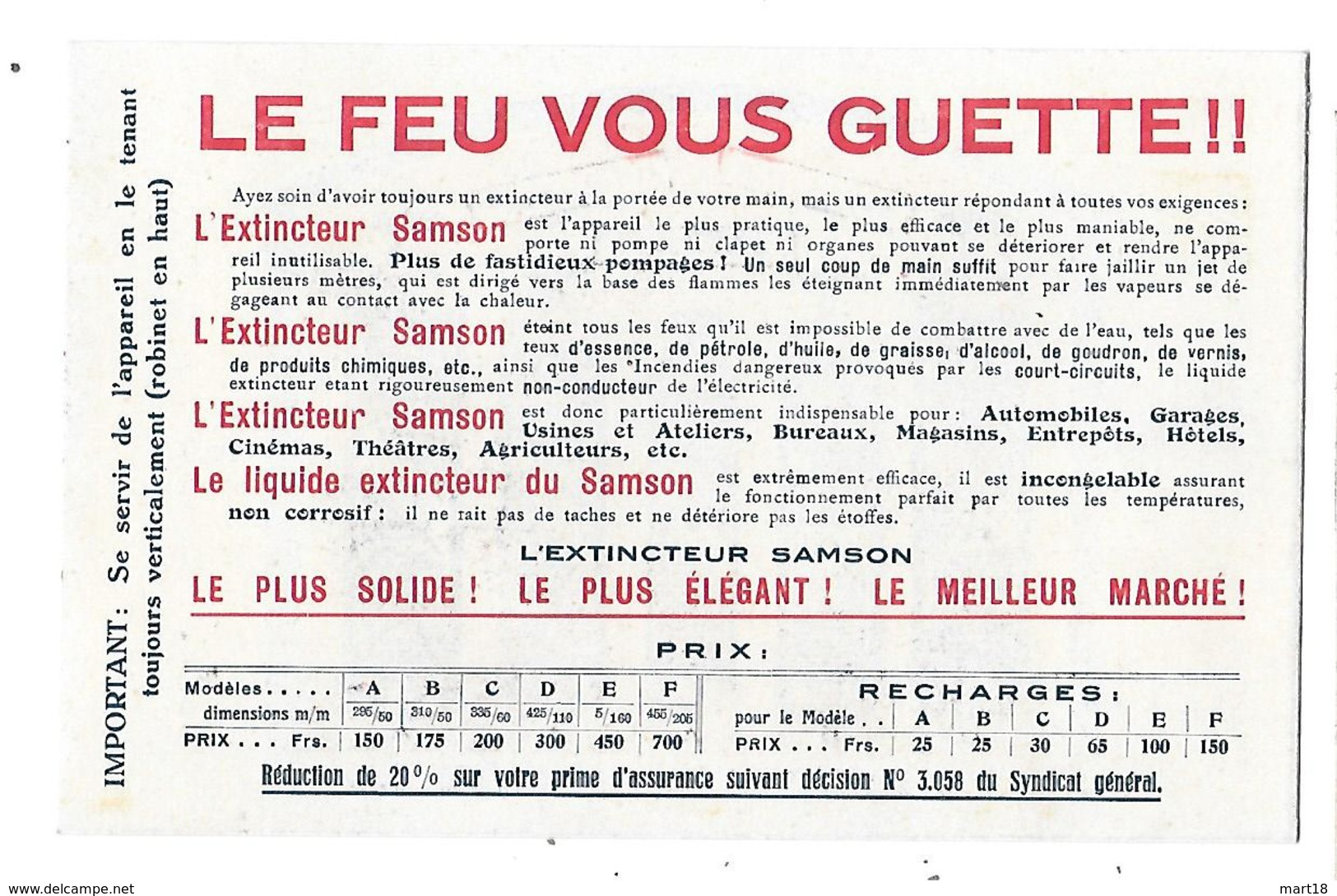 Carte Publicitaire - Extincteur SAMSON - 1930 / 1960 - Feu Pompier ... - Pompiers