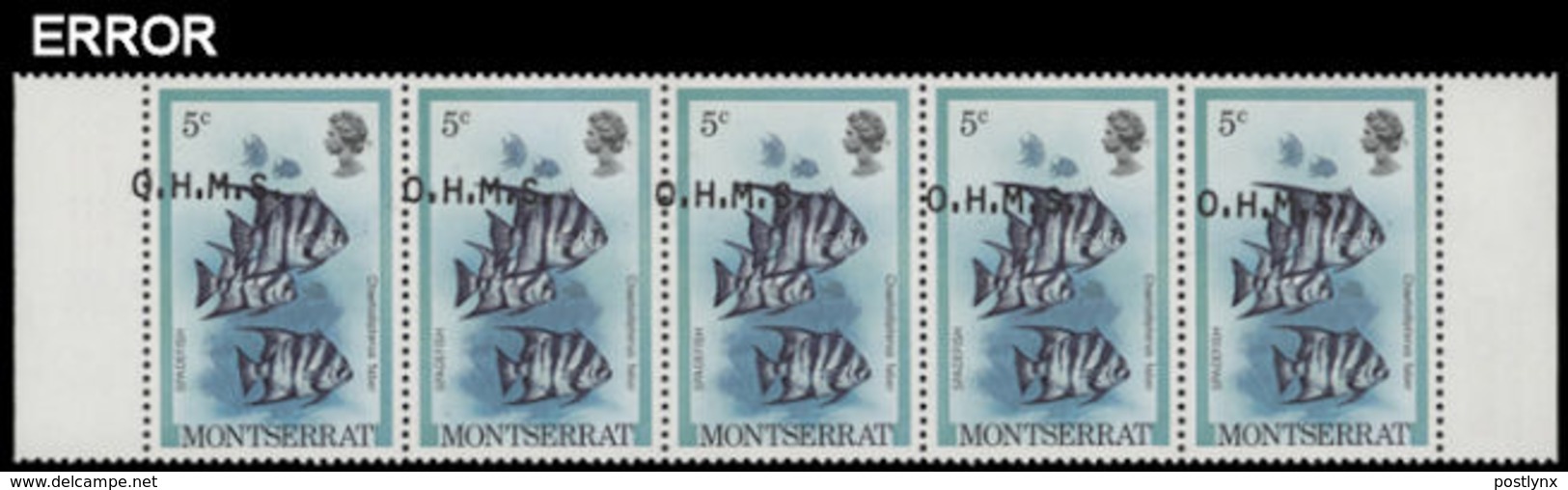 MONTSERRAT 1981 Fish Spadefish 5c 5-strip OVPT:OHMS ERROR:shifting - Montserrat