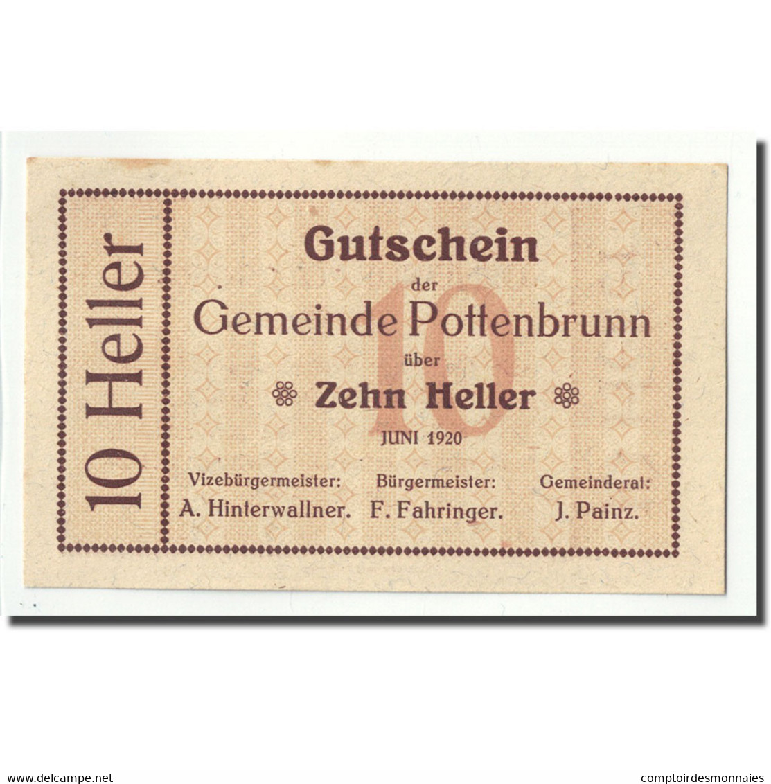 Billet, Autriche, Pottenbrunn, 10 Heller, Graphique, 1920, SPL - Oesterreich