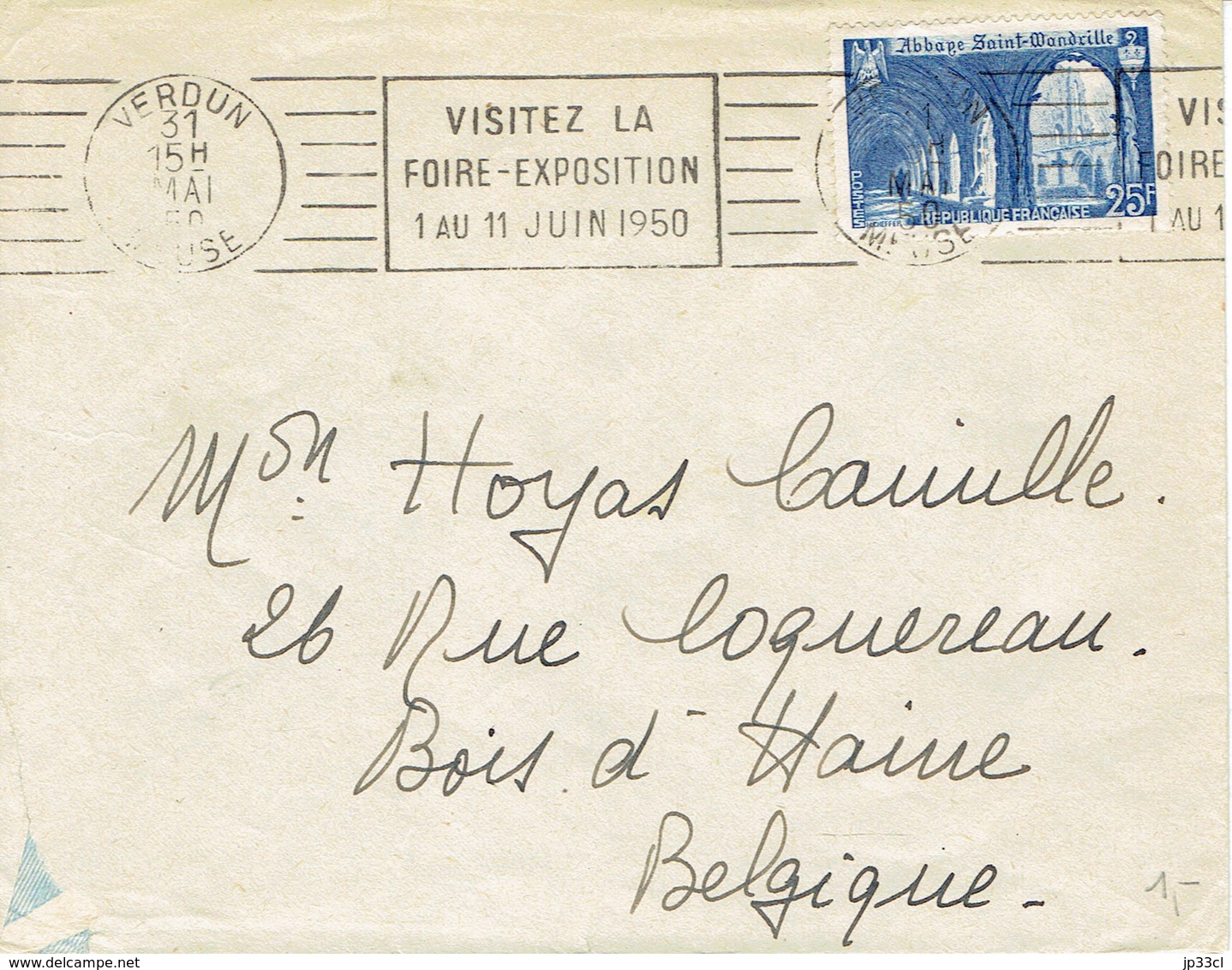 Lettre De L'Hôtel De Lorraine, Verdun (Meuse) Du 31/5/1950, Avec Timbre YT 842 (St Wandrille) Vers Bois-d'Haine Belgique - Lettres & Documents