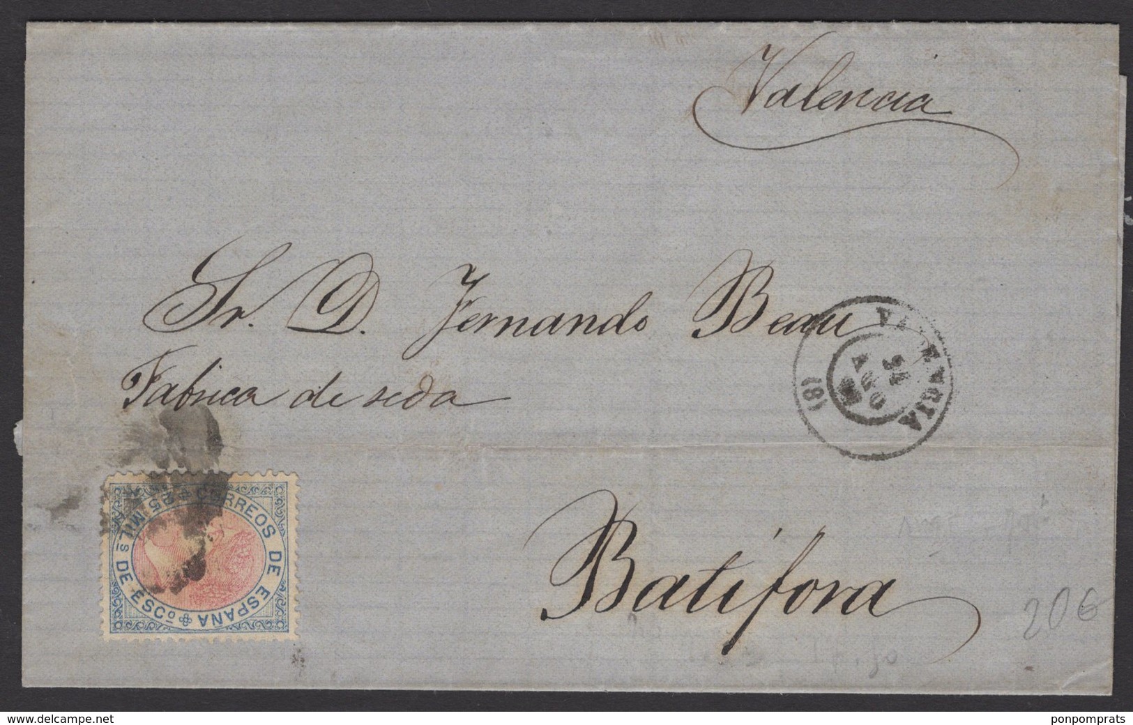 Pli De VALENCIA De 1868 Avec 25 Mil De Escudo  Bleu Et Rose Oblt Parilla + Petit Cachet à Date Noir VALENCIA P BATIFORA - Lettres & Documents