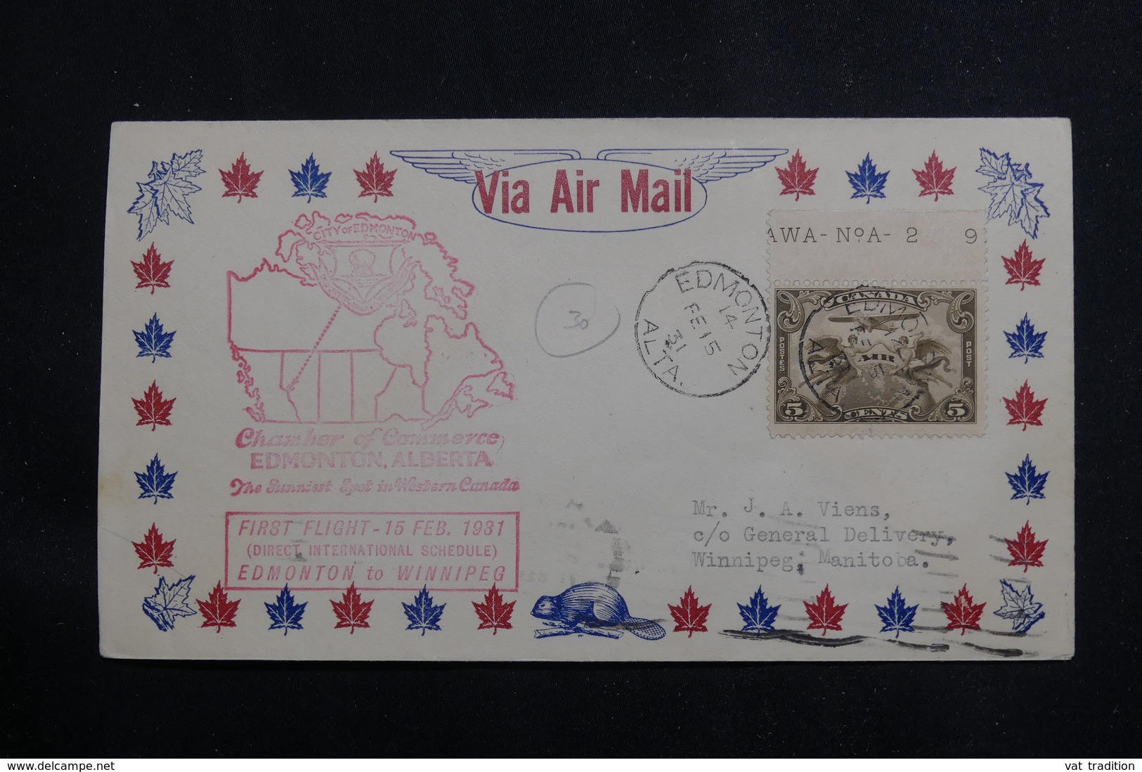 CANADA - Enveloppe 1er Vol Edmonton  / Winnipeg En 1931, Affranchissement Plaisant - L 61016 - Cartas & Documentos