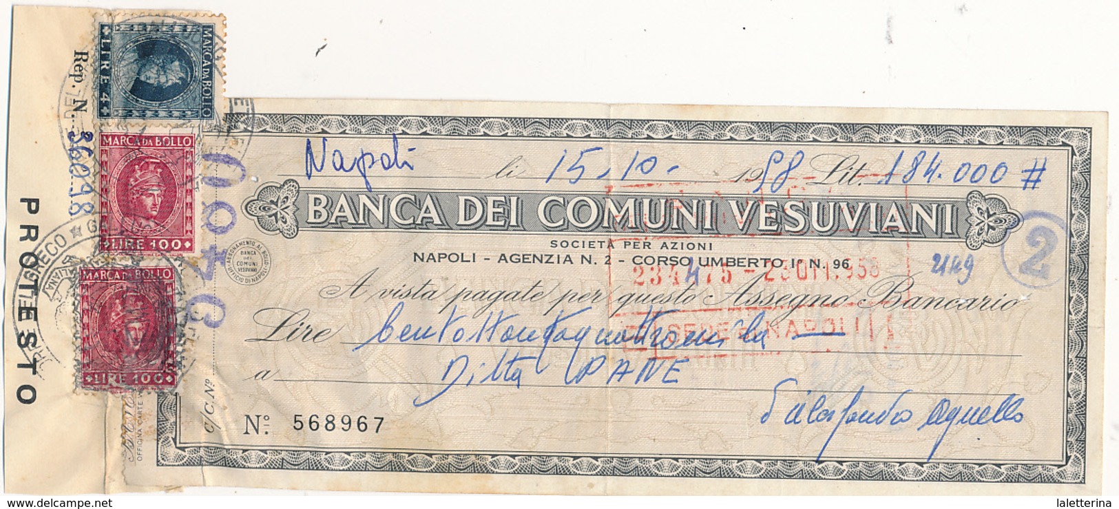 1958 BANCA DEI COMUNI VESUVIANI ASSEGNO - Chèques & Chèques De Voyage