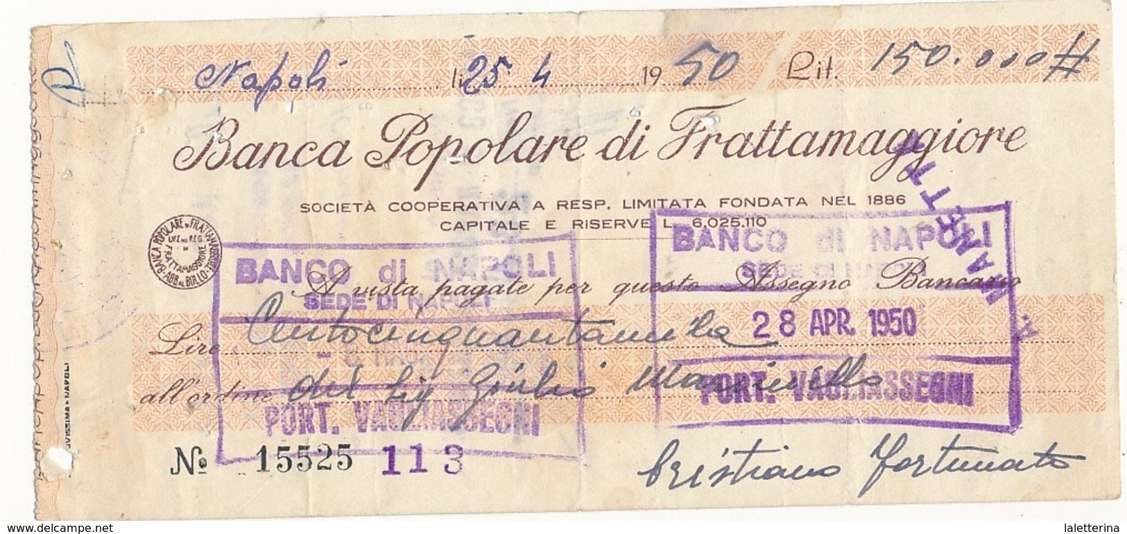 1950 BANCA POPOLARE DI FRATTAMAGGIORE ASSEGNO - Chèques & Chèques De Voyage