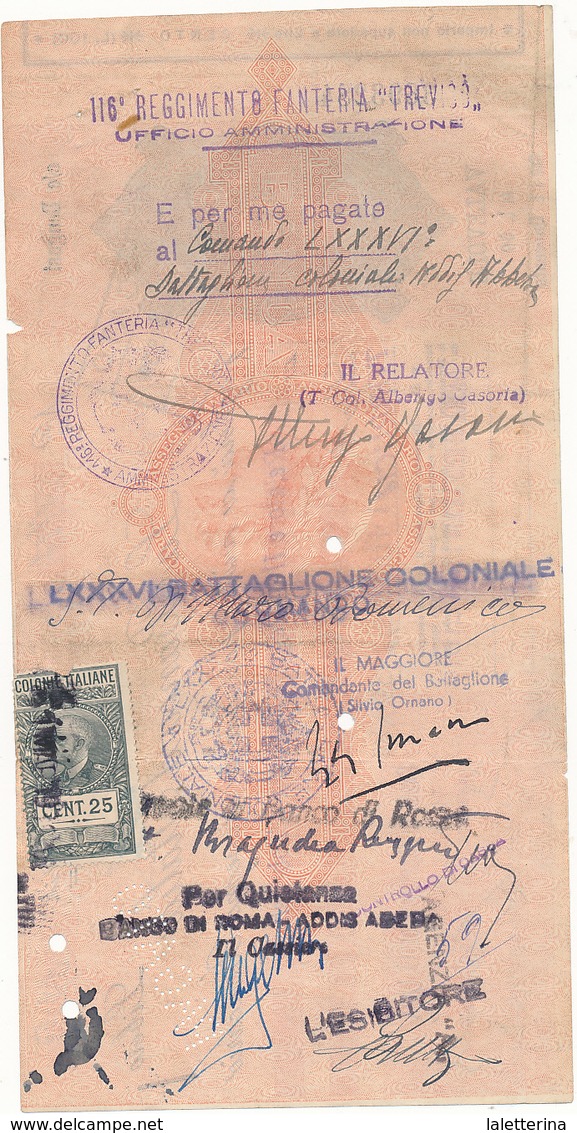 1939 ASSEGNO BANCA D'ITALIA FILIALE BENGASI CON MARCA DA BOLLO CENT 25 - Cheques & Traveler's Cheques