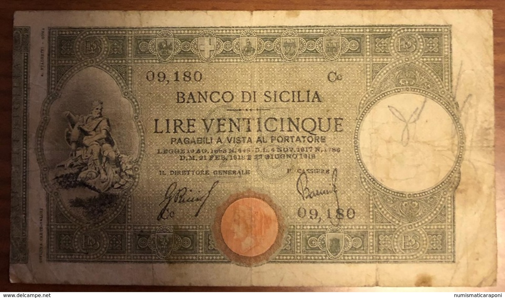 25 Lire Banco Di Sicilia 23 06 1918 R2  Leggermente Pressato E Scritte   LOTTO 990 - Sonstige & Ohne Zuordnung