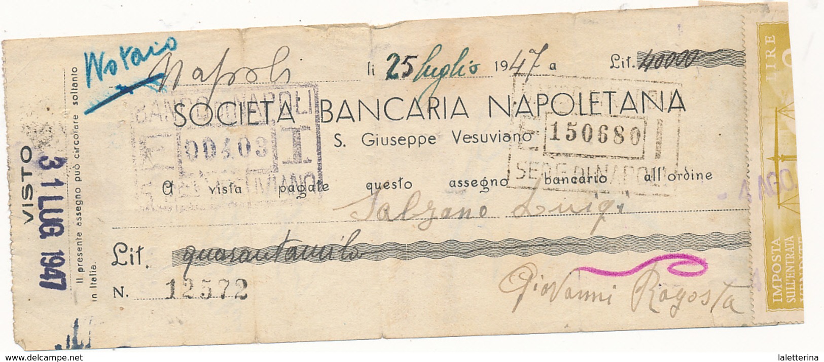 1947 SAN GIUSEPPE VESUVIANO SOCIETA' BANCARIA NAPOLETANA ASSEGNO - Cheques & Traveler's Cheques