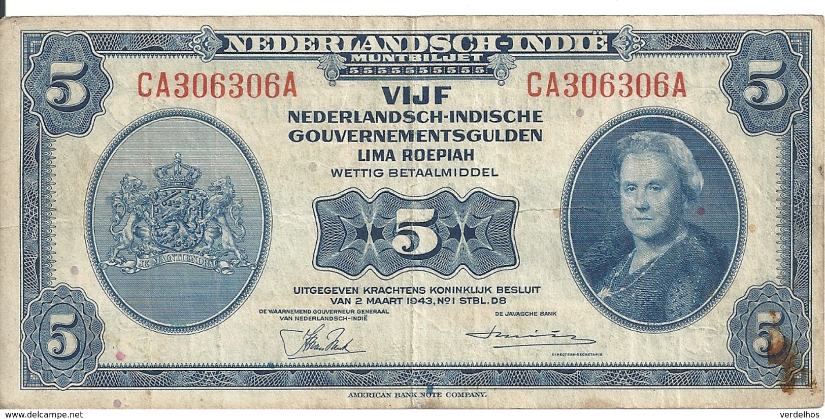 INDES NEERLANDAISES 5 GULDEN 1943 VF P 113 - Indie Olandesi