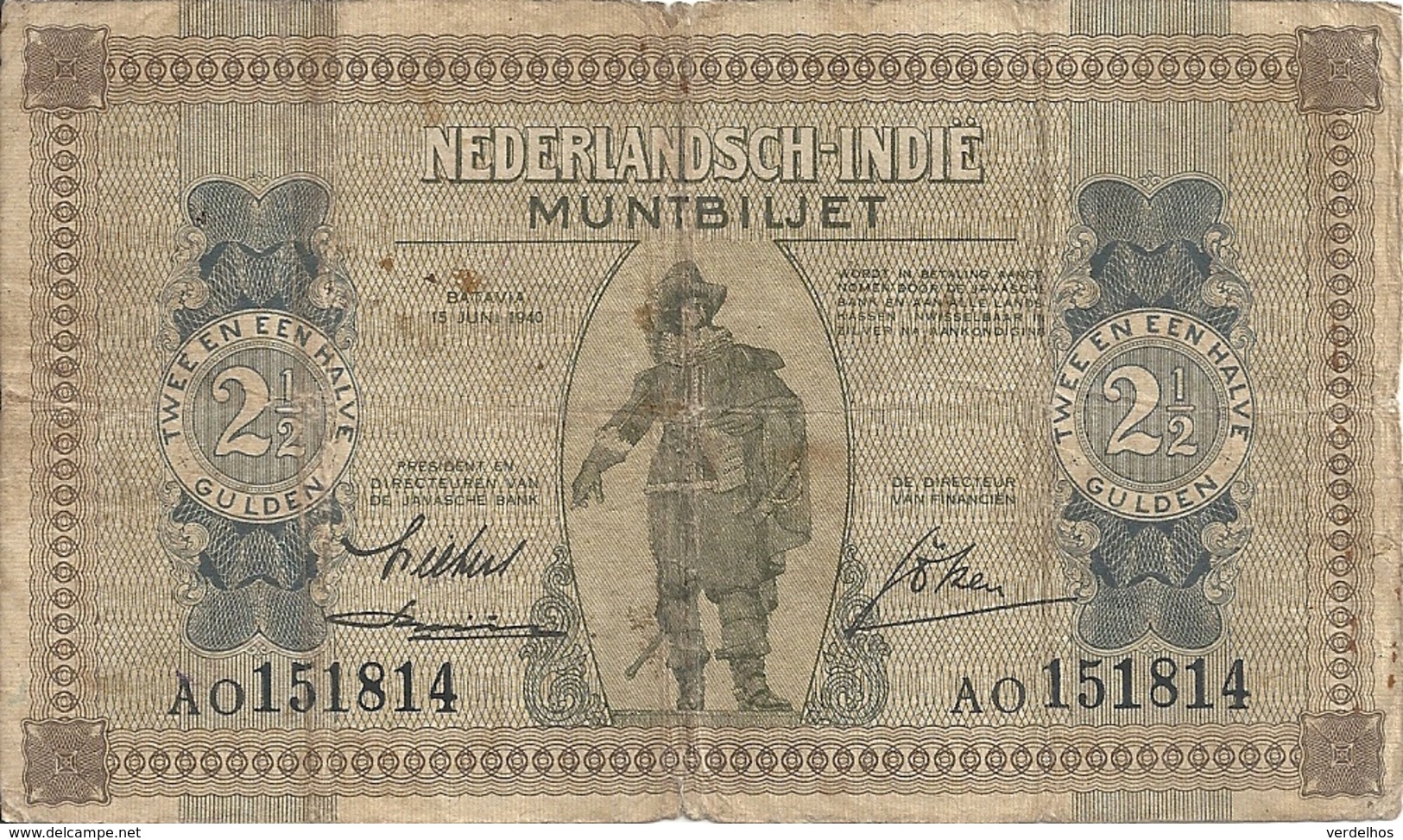 INDES NEERLANDAISES 2 1/2 GULDEN 1940 VG+ P 109 - Indie Olandesi