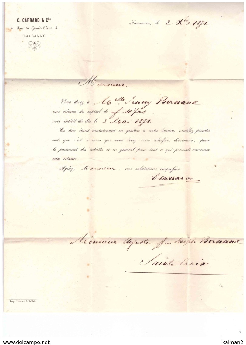 D53  -   LAUSANNE 2.12.1871  /   RACCOMANDATA  CON INTERESSANTE AFFRANCATURA - Lettres & Documents