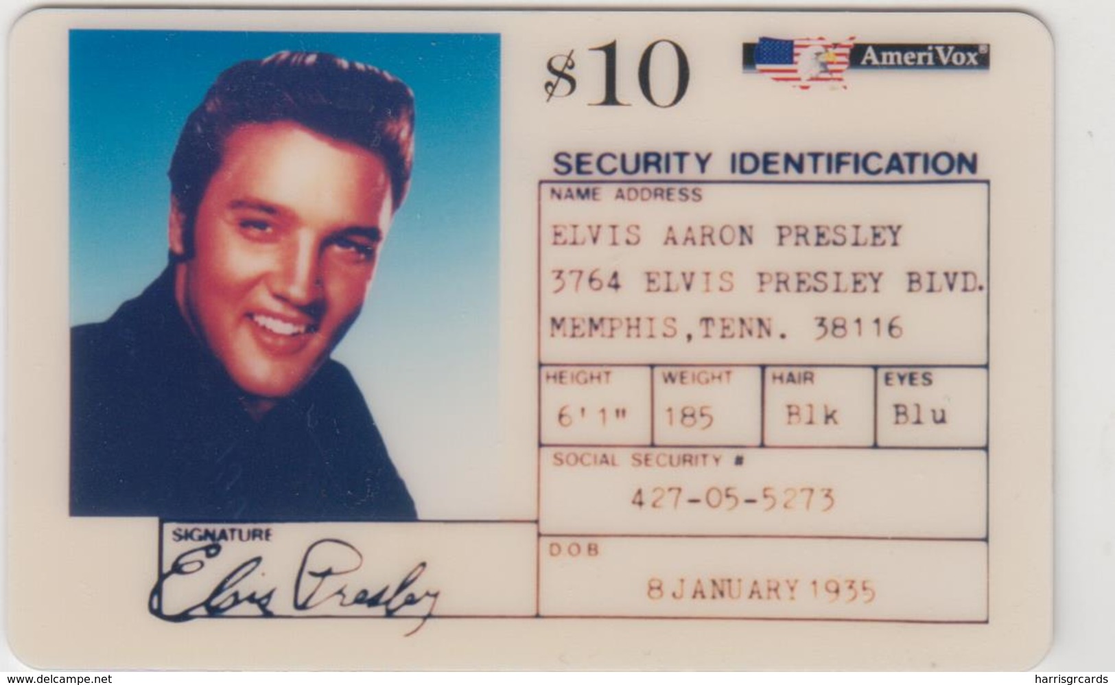 USA - Elvis Presley ID Card, AmeriVox Prepaid Card 10$, Tirage 25000, 01/94, Used - Amerivox