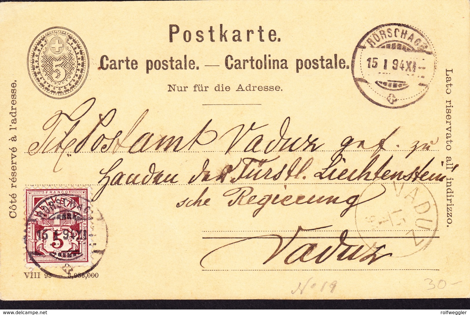 1894 Incoming Mail. Schweizer PK Aus Rorschach Nach Vaduz. Mit Ankunftsstempel - ...-1912 Vorphilatelie