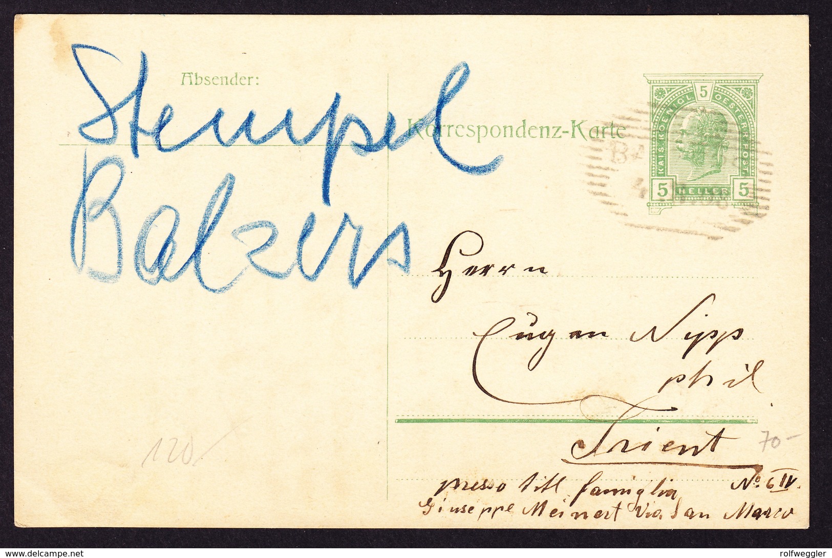 1908 5 H. GZ Karte Mit Stempel Balzers Nach Trient Gelaufen. - ...-1912 Voorlopers