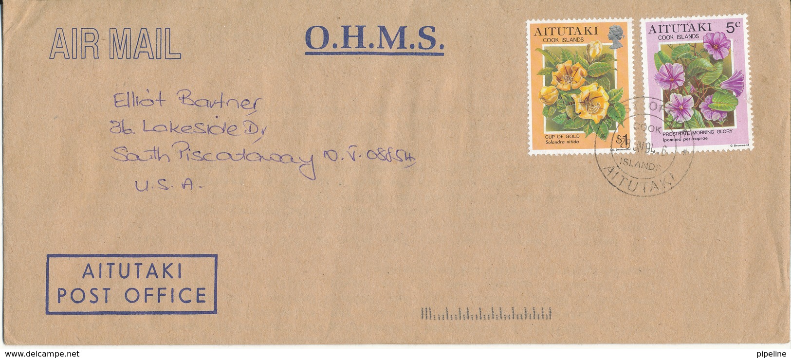 Aitutaki O.H.M.S. Cover Sent Air Mail To USA 28-6-1994 Topic Stamps Flowers - Aitutaki