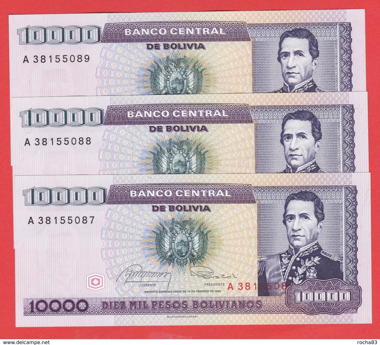 BOLIVIE - 3 Billets Avec N° De Serie Se Suivent 10.000 Pesos Bolivianos 10 02 1984  Pick 169 - Bolivia