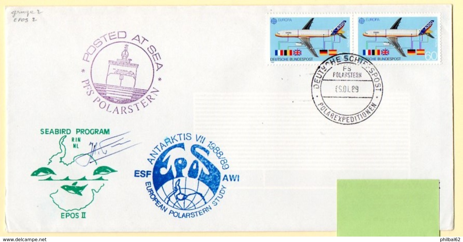 Polaire. Equipe Hollandaise Seabird Program, Epos 2 + Signature. Cachet Polarstern Antarktis VII 1988/89. - Onderzoeksprogramma's