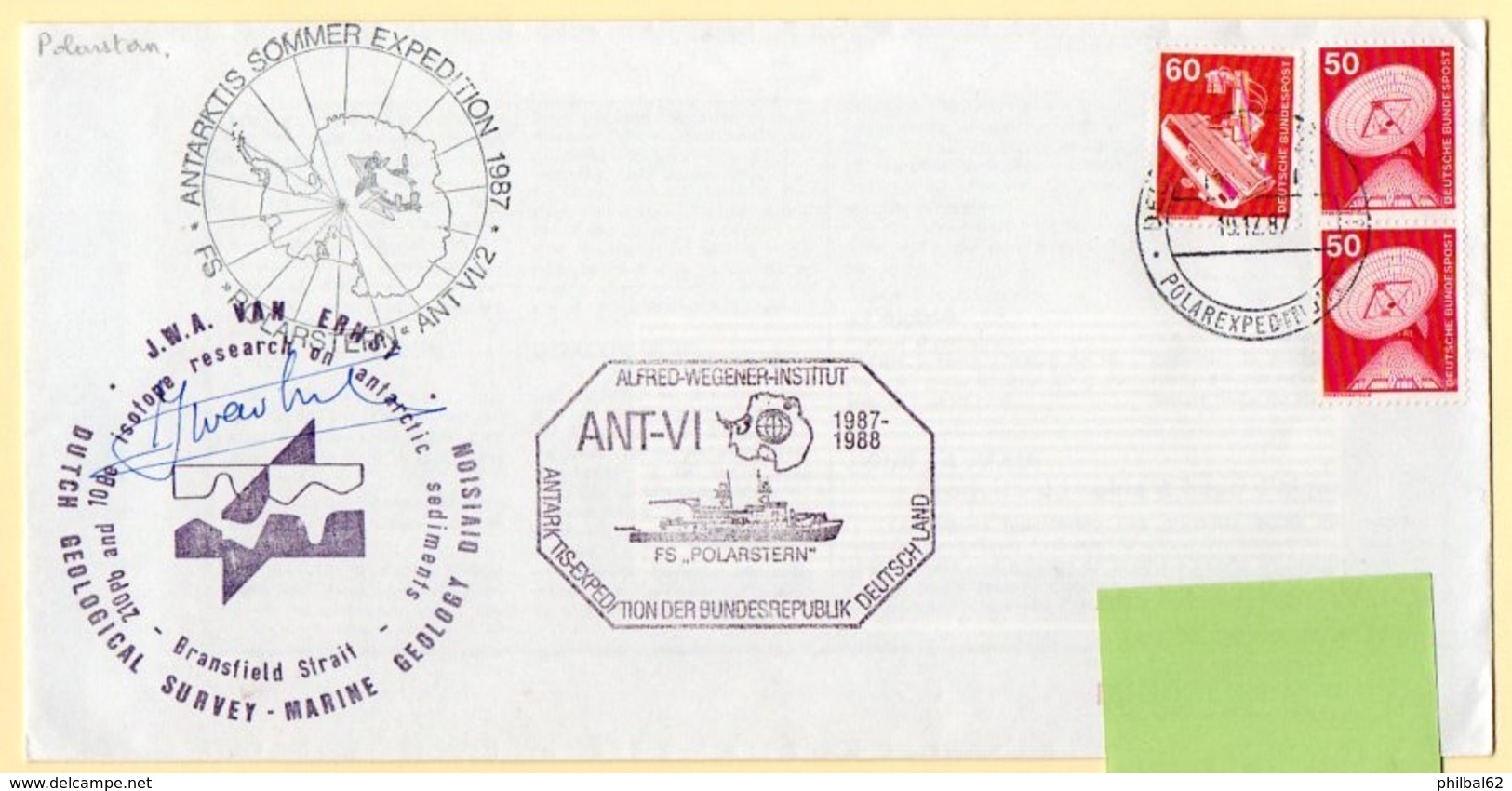 Polaire. Dutch Geological Survey + Signature. Cachet Polarstern ANT-VI, 1987/88. - Forschungsprogramme