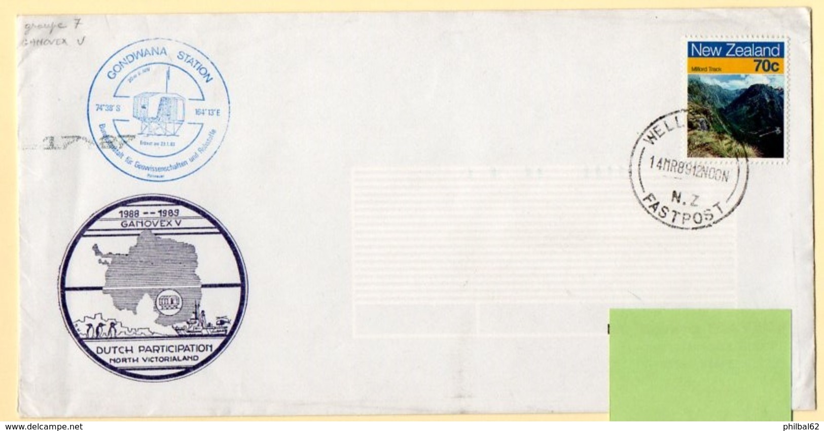 Polaire. Dutch Participation, Ganovex V. 1988/89. Cachet Gondwana Station. Timbre Et Cachet à Date New Zealand. - Forschungsprogramme