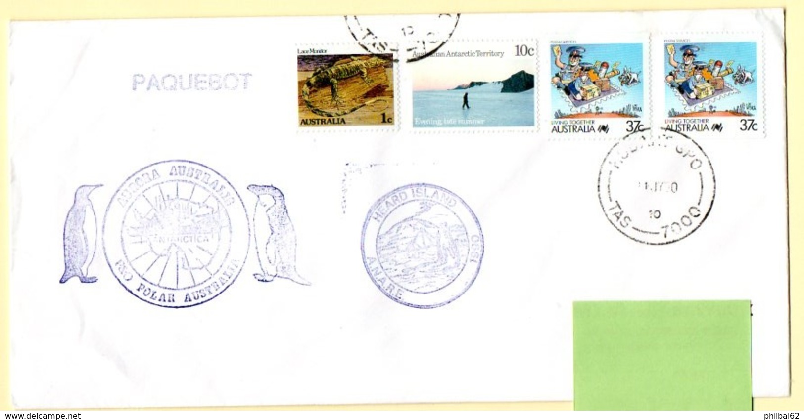 Polaire AAT, Australie. 1990. Cachet Aurora Australis Et Heard Island. Timbres AAT Et Australie. Cachet à Date Hobart. - Programmes Scientifiques