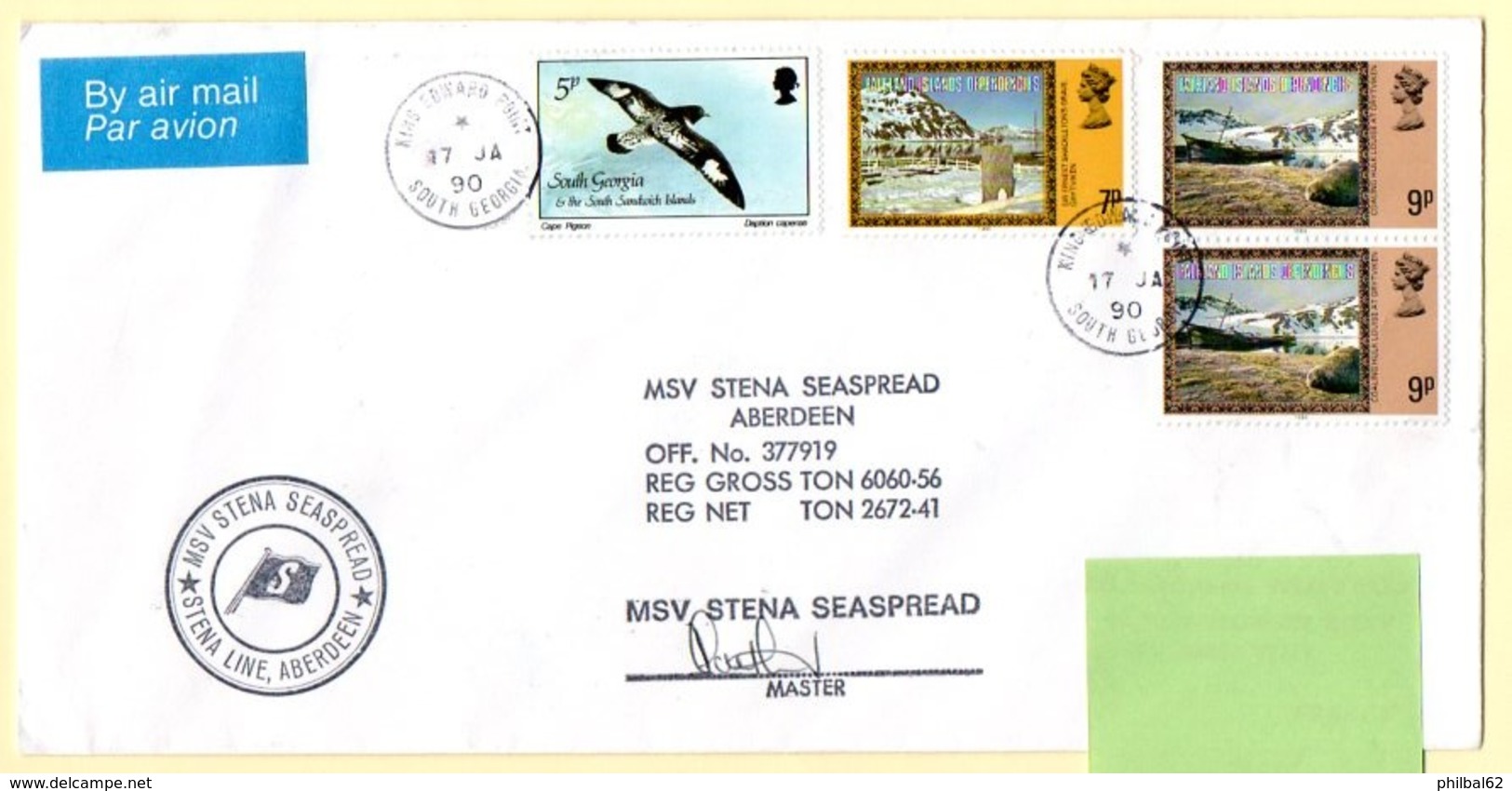 Polaire Falklands & South Georgia. Cachet MSV Stena Seaspread + Signature. Cachet à Date King Edouard South Georgia. - Research Programs
