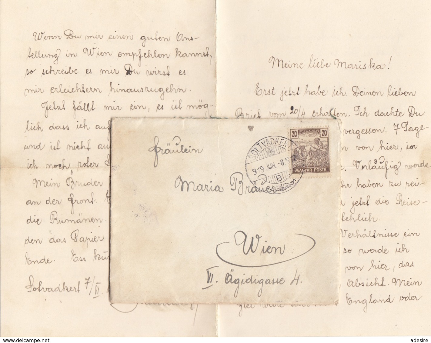 V1 - Ungarn 1919 - 20 Filler Auf Brief Mit Inhalt, Stempel SOLTVADKERT, Gel. > Wien VI - Briefe U. Dokumente