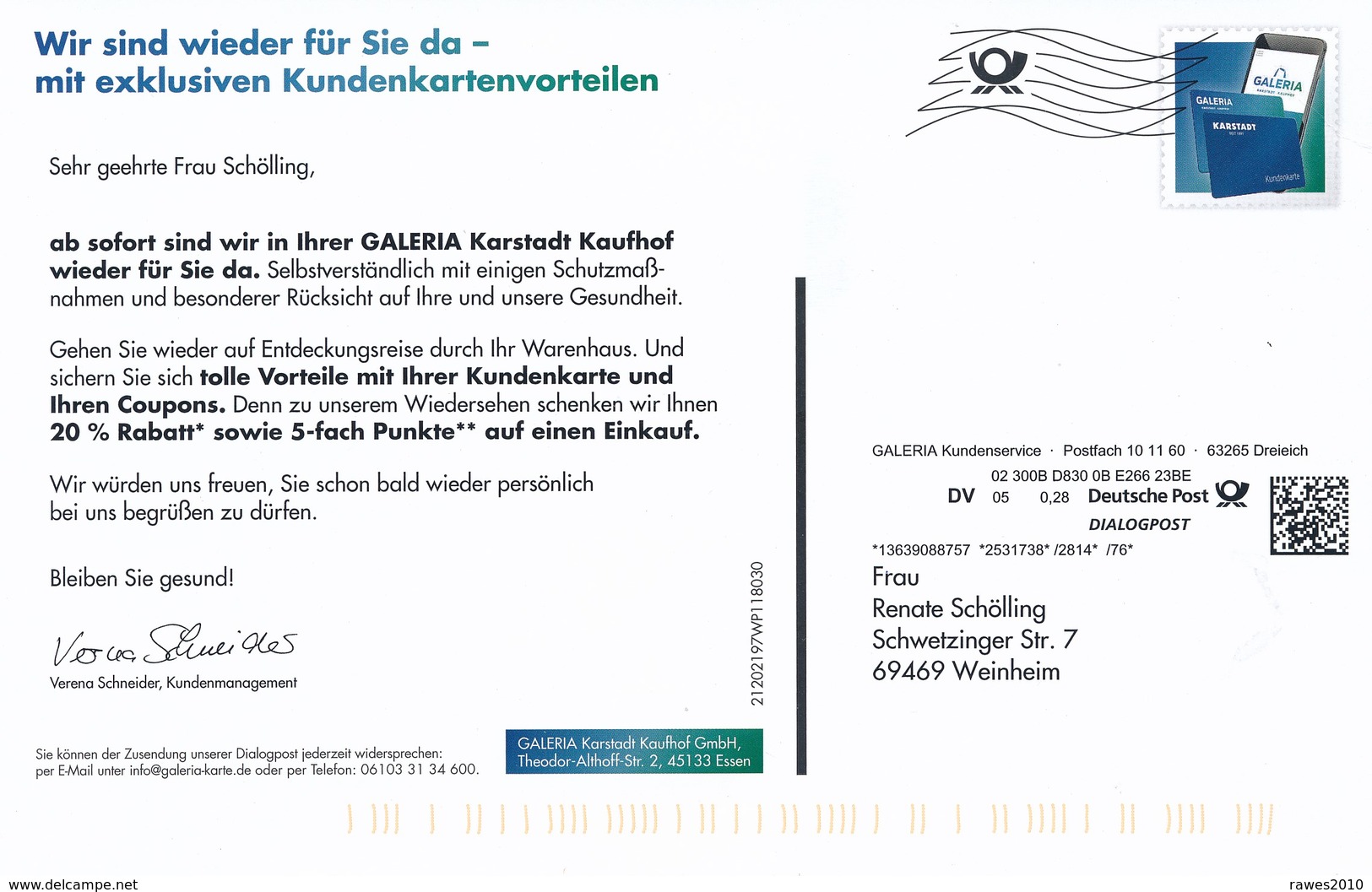 BRD / Bund Dreieich Dialogpost DV 05 0,28 Euro FRW Handy 2020 Galeria Kaufhof - Storia Postale