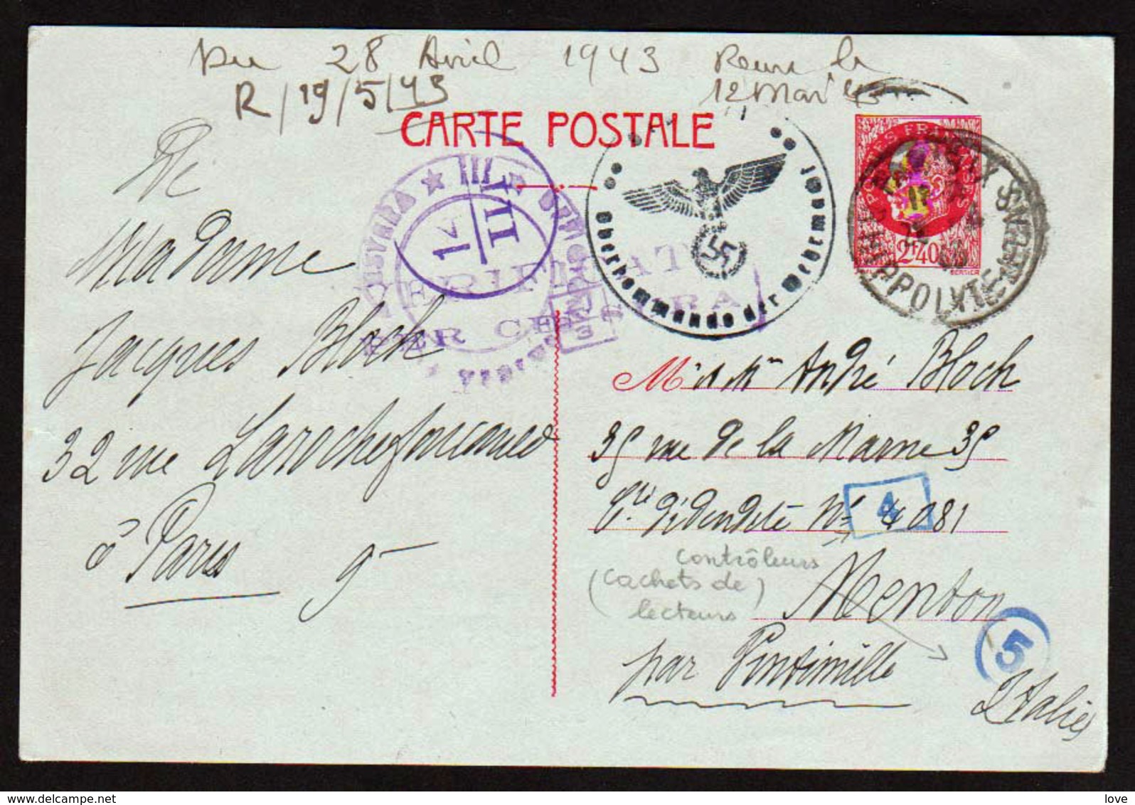 Guerre 1939/45: Occupation De Menton (Mentone 1940/43) RARE Entier De Pétain à 2F40 Pour L'Italie Mentone..... - Guerre (timbres De)