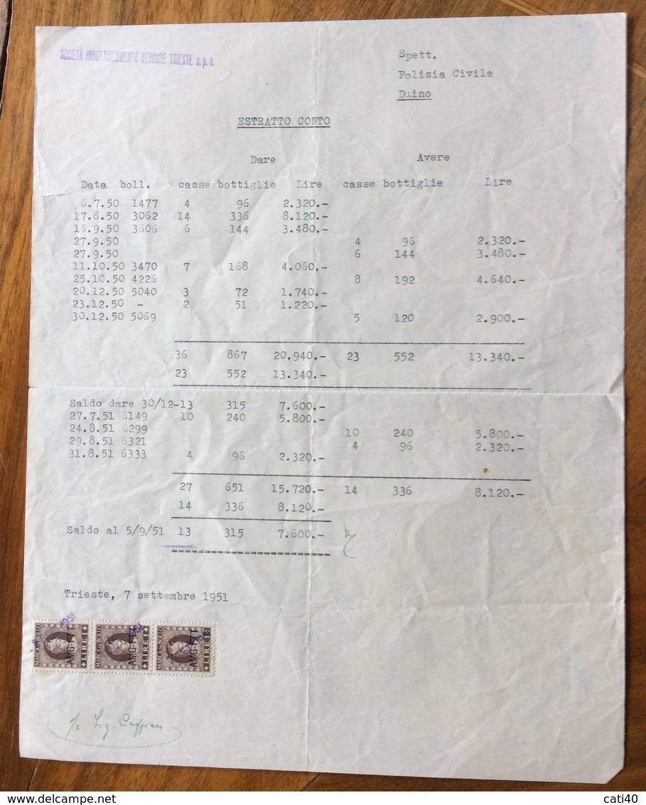 TRIESTE  - AMG FTT - MARCHE DA BOLLO SU DOCUMENTO : ESTRATTO CONTO SOC. IMBOTTIGLIAMENTO BEVANDE  7/9/51 - Fiscale Zegels