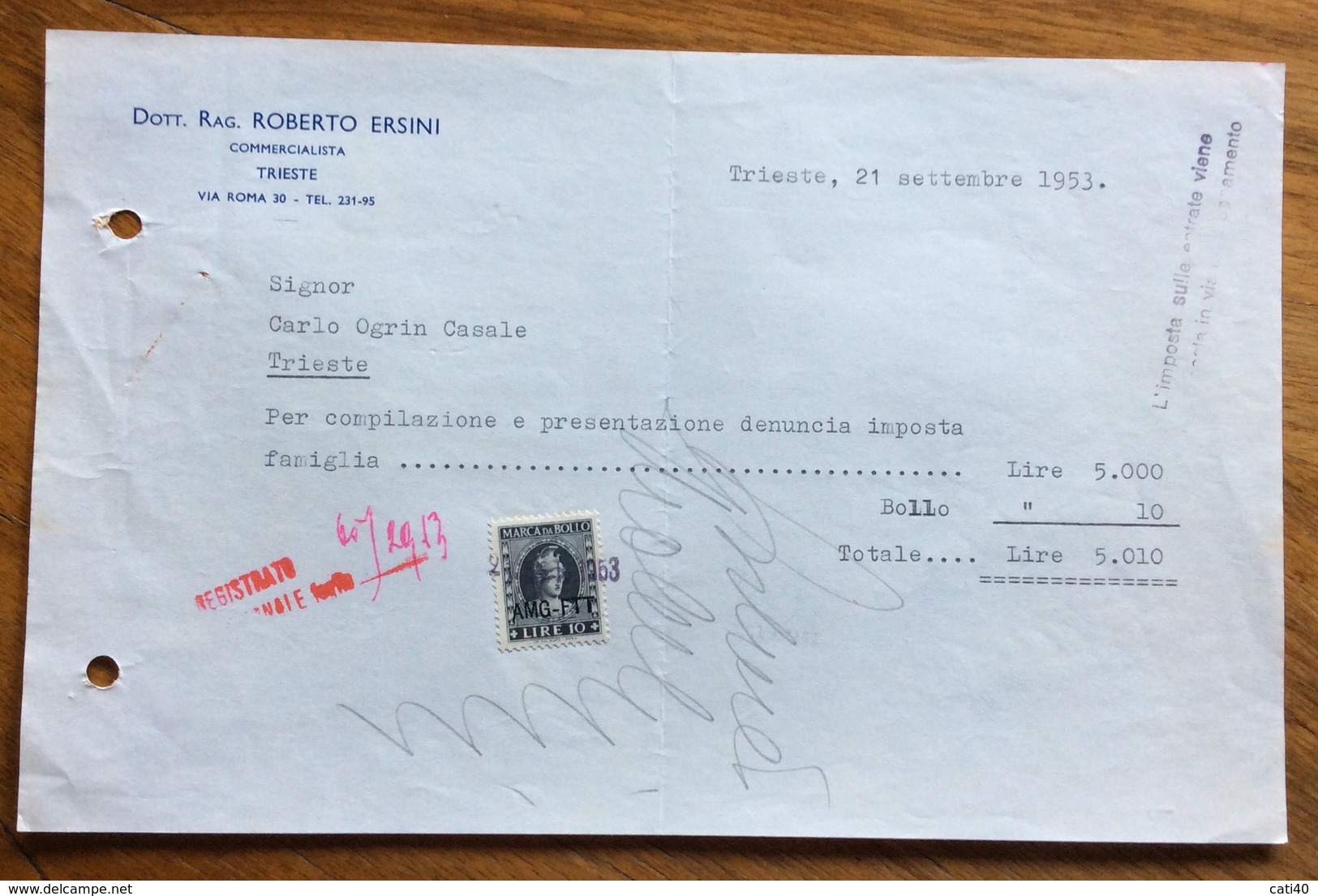 TRIESTE  - AMG FTT - MARCHE DA BOLLO SU DOCUMENTO : FATTURA DOTT.RAG.ROBERTO ERSINI - 21/9/53 - Revenue Stamps