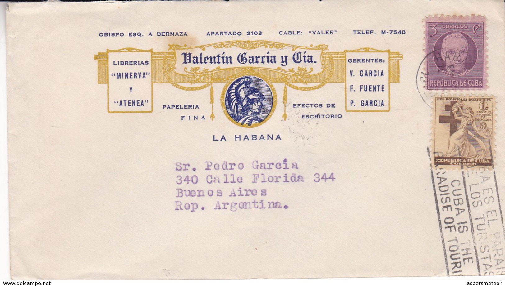 VALENTIN GARRIA, LIBRAIRIE. CUBA COMMERCIAL COVER CIRCULEE DE HABANA A BUENOS AIRES, ARGENTINE ANNEE 1942 -LILHU - Cartas & Documentos